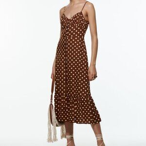 Zara Polka-Dot Linen Blend Dress in Brown/Ecru Size XS